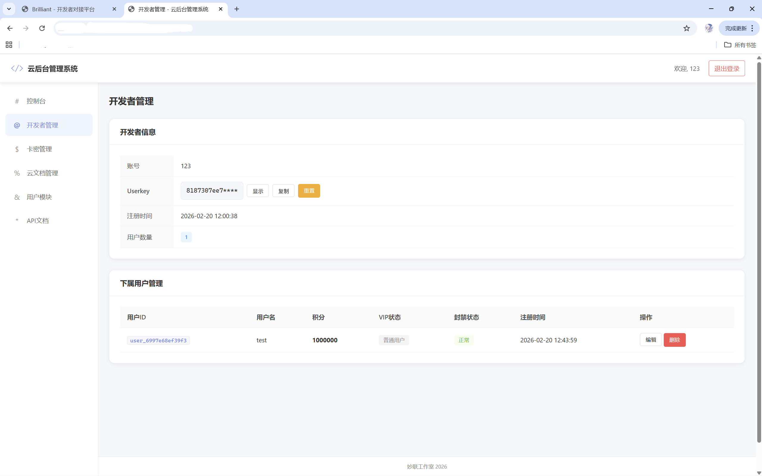 Brilliant网页版预览2 - 卡密管理界面